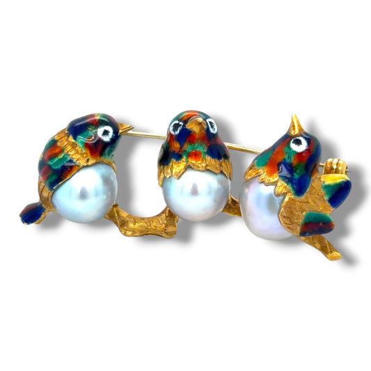 18ct Gold Pearl & Enamel Bird Brooch