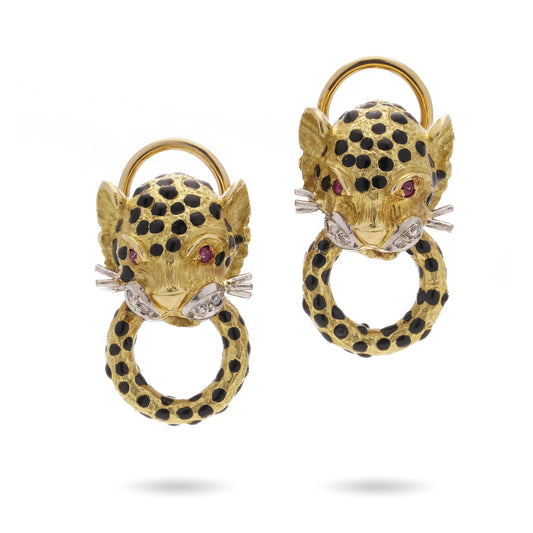 18ct Gold Ruby, Diamond & Enamel Panther 'Door Knocker' Earrings - Wildsmith Jewellery
