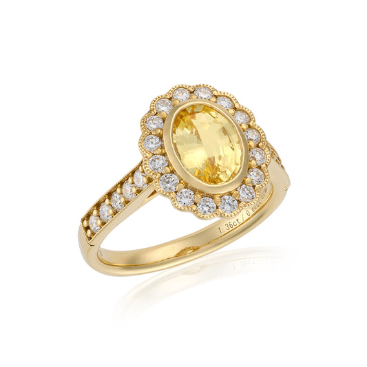 1.36cts Oval Golden Sapphire & Diamond Cluster Ring - Wildsmith Jewellery