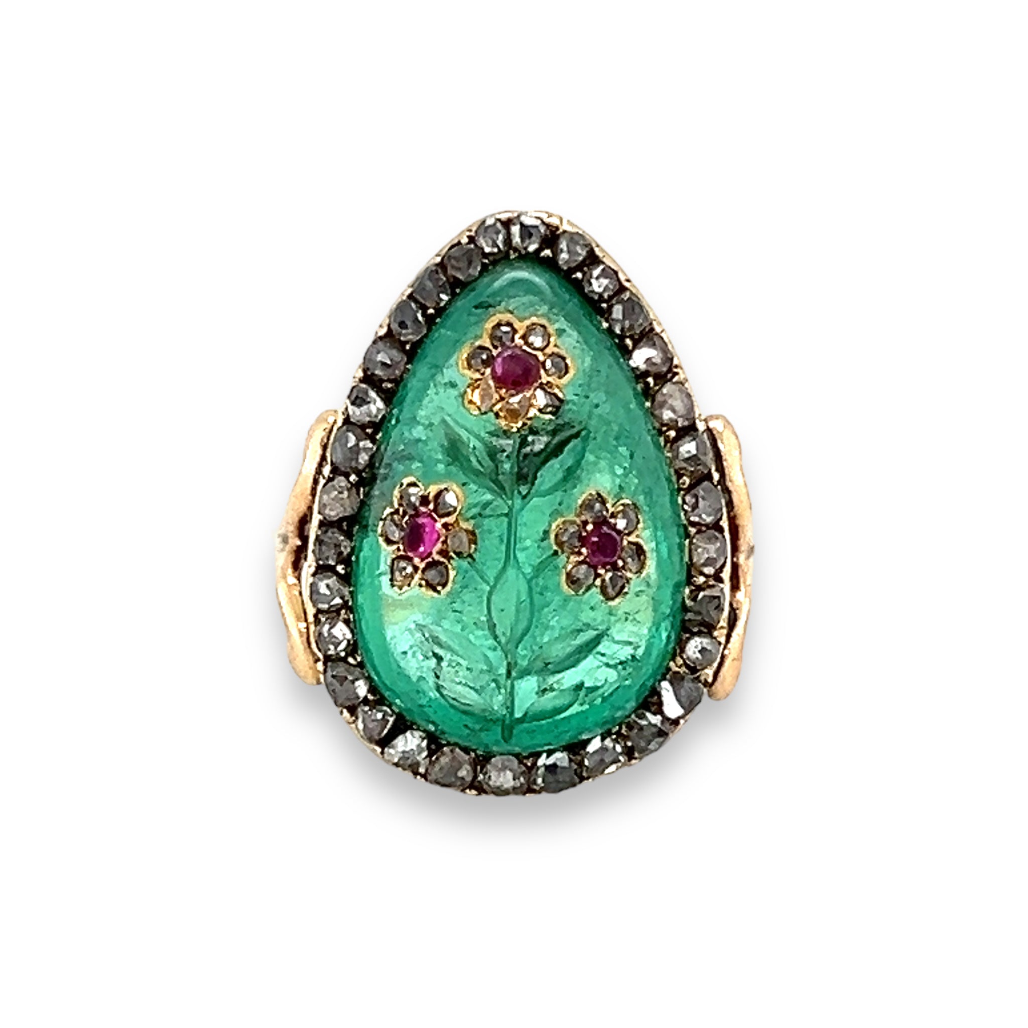 Victorian Carved Emerald & Diamond Ring - Wildsmith Jewellery