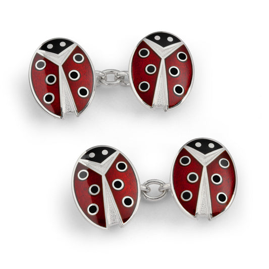 Sterling Silver Enamel Ladybird Chain Cufflinks in Red and Black - Wildsmith Jewellery