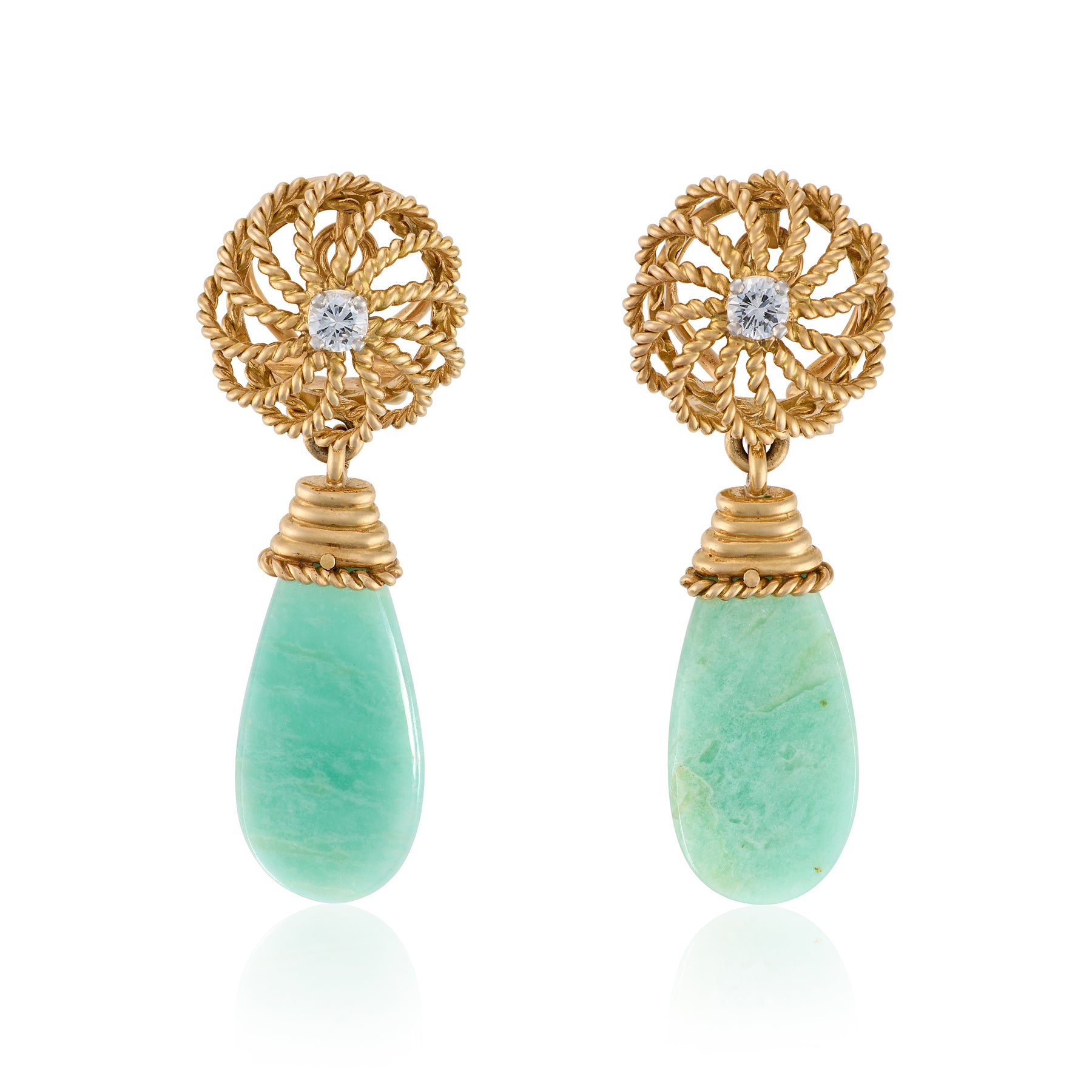 Vintage Amazonite, Gold & Diamond Earrings, French - Wildsmith Jewellery