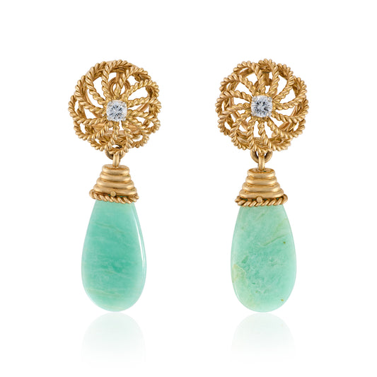 Vintage Amazonite, Gold & Diamond Earrings, French - Wildsmith Jewellery