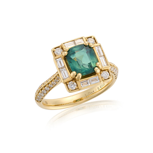 Art Deco Teal Sapphire & Diamond Ring
