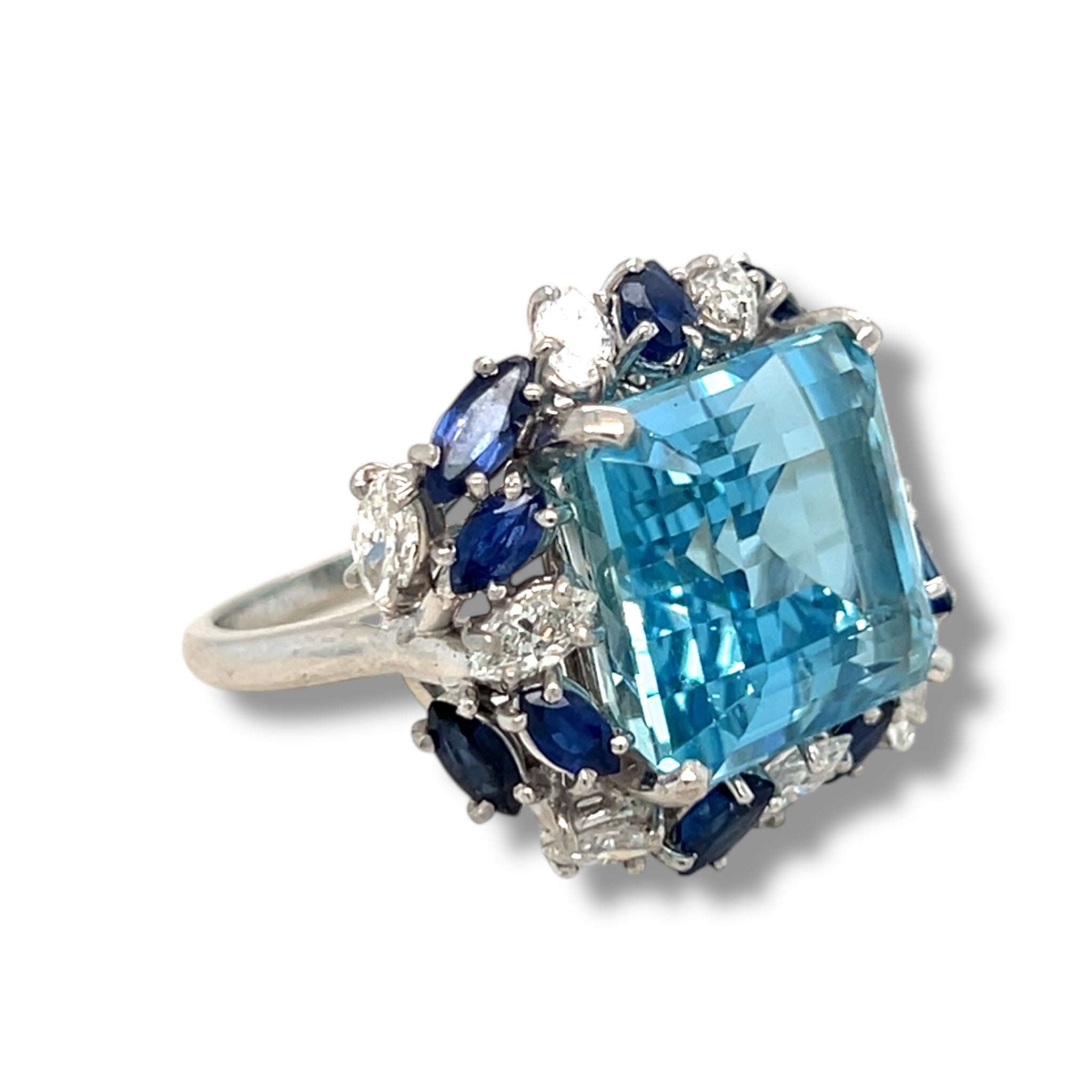 Vintage 1960's Aquamarine, Sapphire & Diamond Cocktail Ring