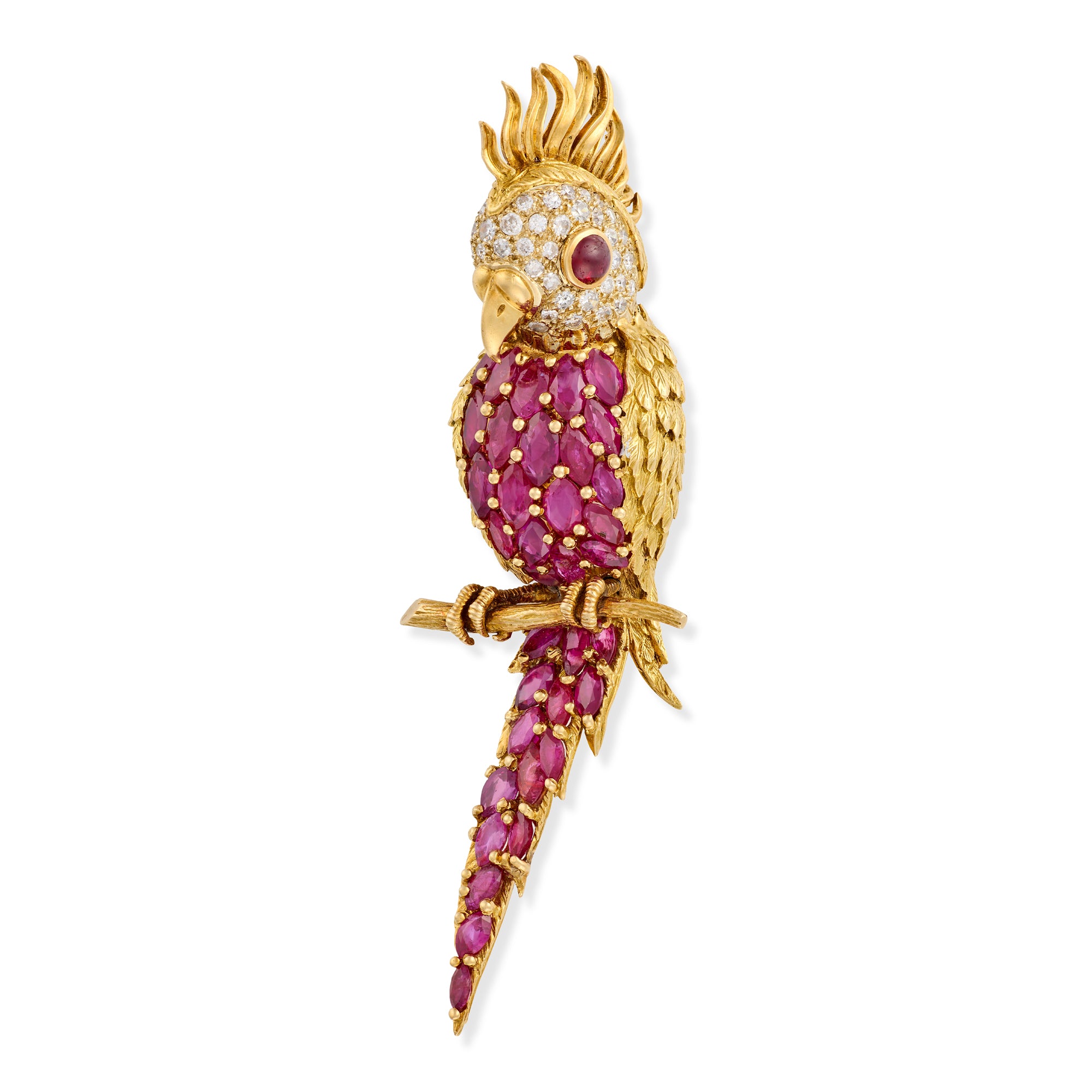 1970's Ruby and Diamond Cockatoo Brooch, French - Wildsmith Jewellery