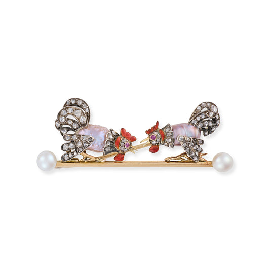 Edwardian 15ct Gold Natural Pearl & Diamond Cockfighting Brooch