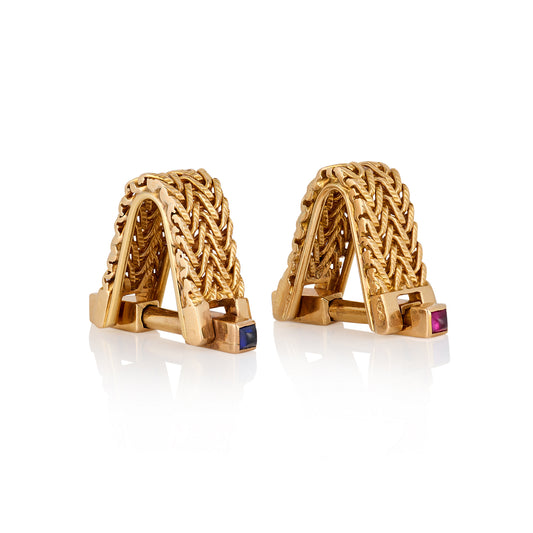 1940's 18ct Gold, Ruby & Sapphire Knitted Gold Cufflinks - Wildsmith Jewellery