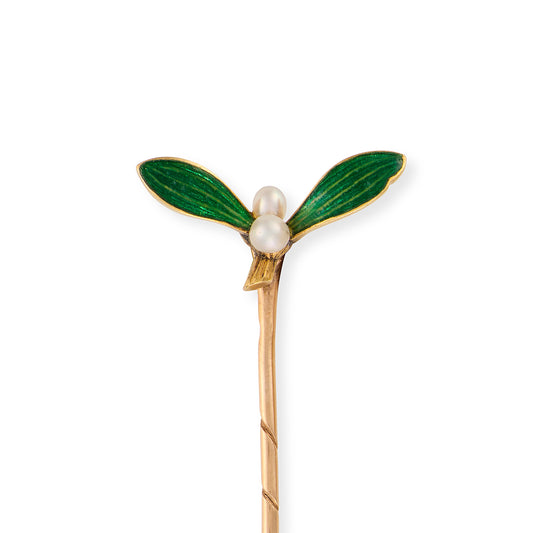 Antique Pearl & Enamel Mistletoe Stickpin