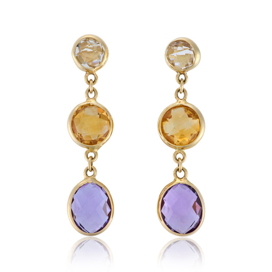 18ct Gold Amethyst, Citrine & Lemon Quartz Drop Earrings - Wildsmith Jewellery