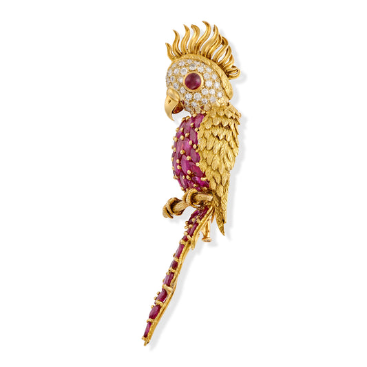 1970's Ruby and Diamond Cockatoo Brooch, French - Wildsmith Jewellery