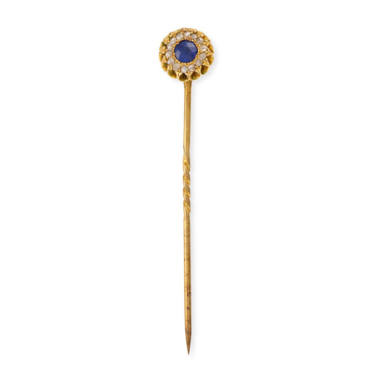 Victorian 18ct Gold Ceylon Sapphire & Diamond Cluster Stickpin, c.1880