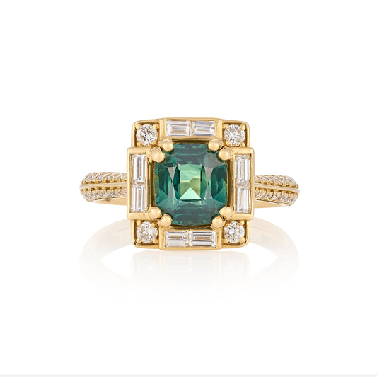 Art Deco Teal Sapphire & Diamond Ring