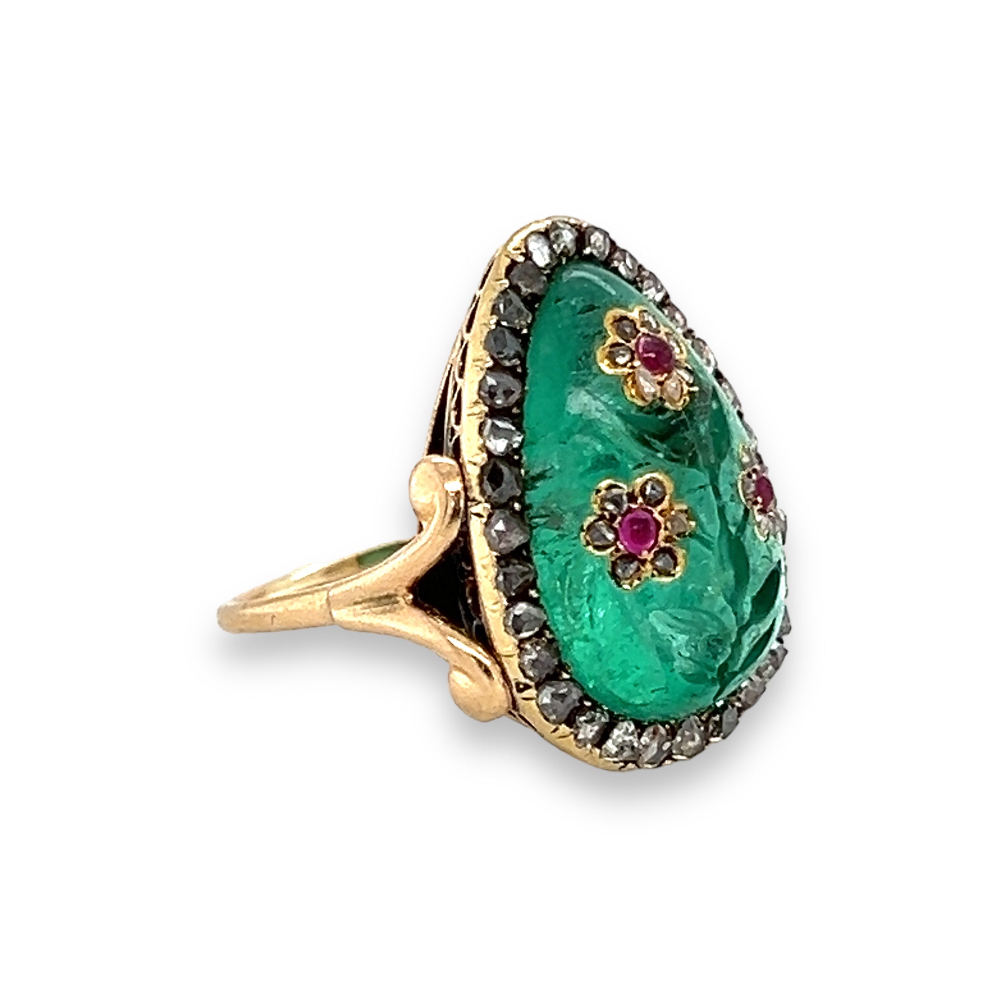 Victorian Carved Emerald & Diamond Ring - Wildsmith Jewellery