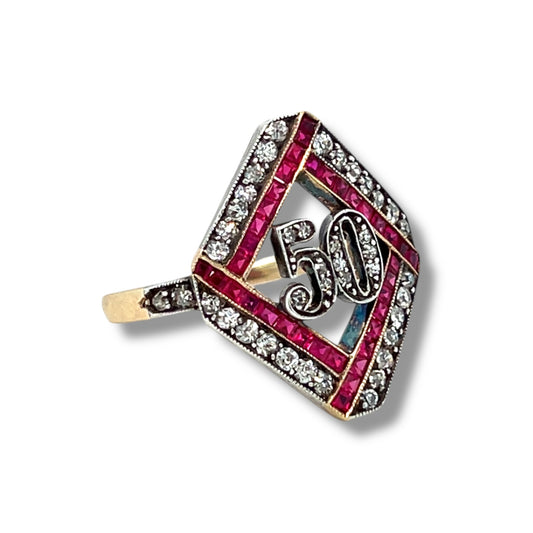 Edwardian Runy & Diamond '50' Ring