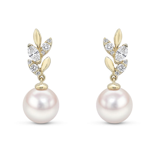18ct Gold Akoya Pearl & Marquise Diamond Drop Earrings