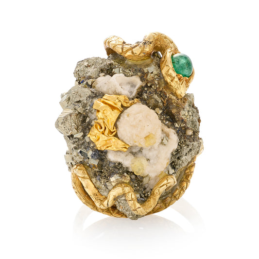 Emerald, Pyrite Snake Nest Ring, French