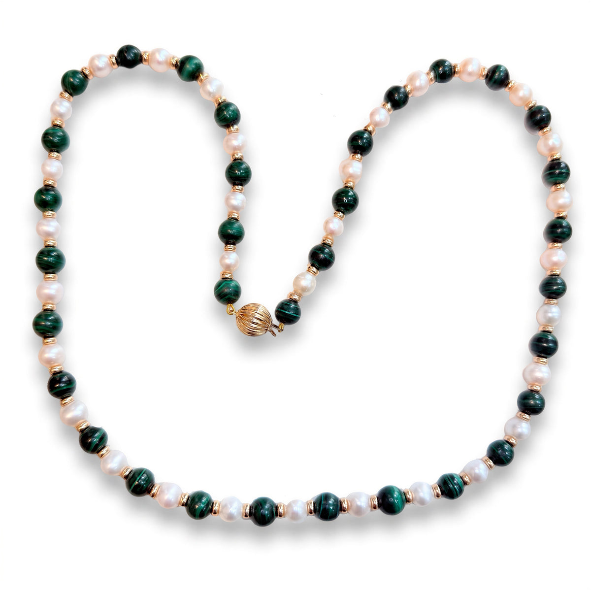 Malachite, Pearl & 9ct Gold Bead Necklace