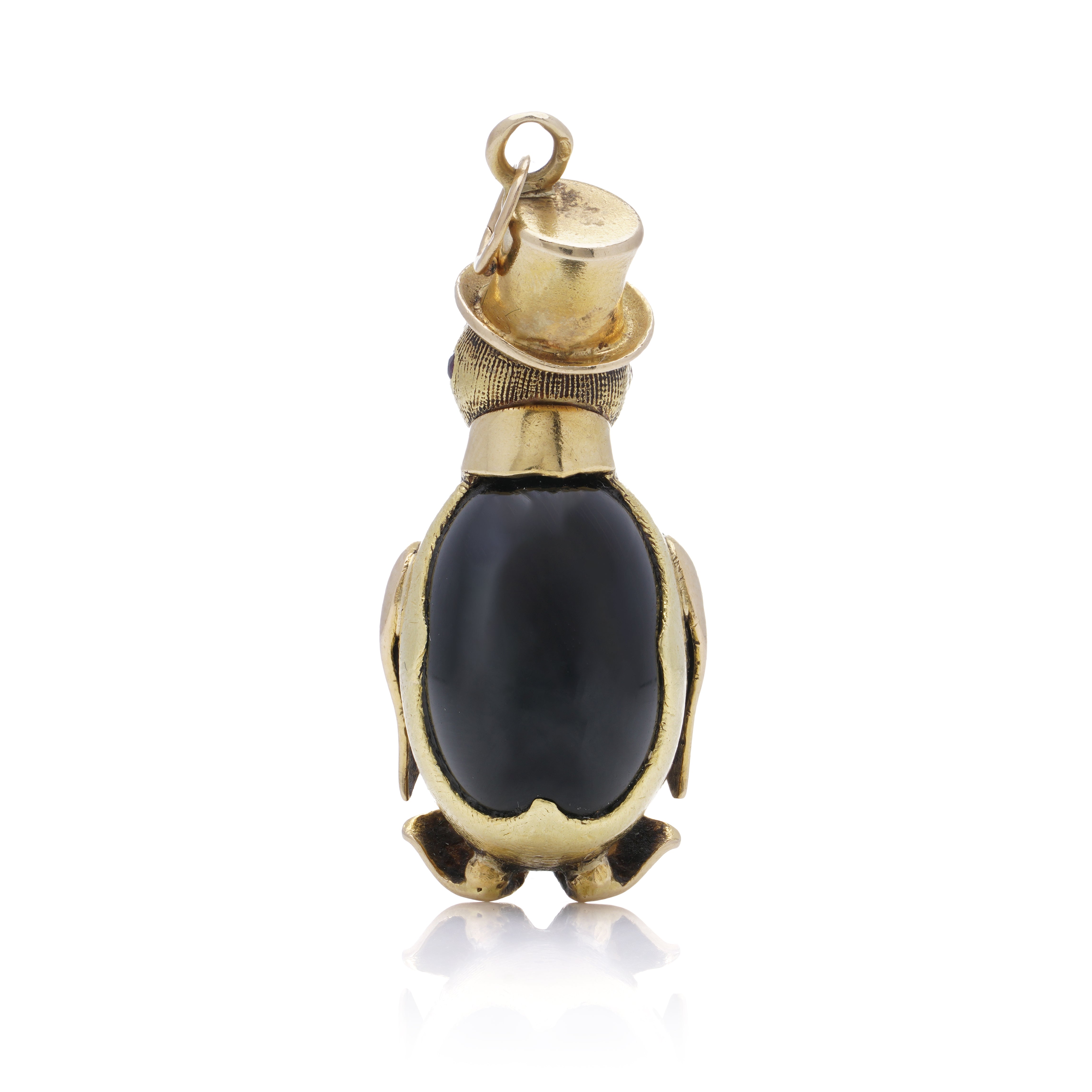 Charme / Pendentif Pingouin Victorien Pierre de Lune et Onyx, 15ct