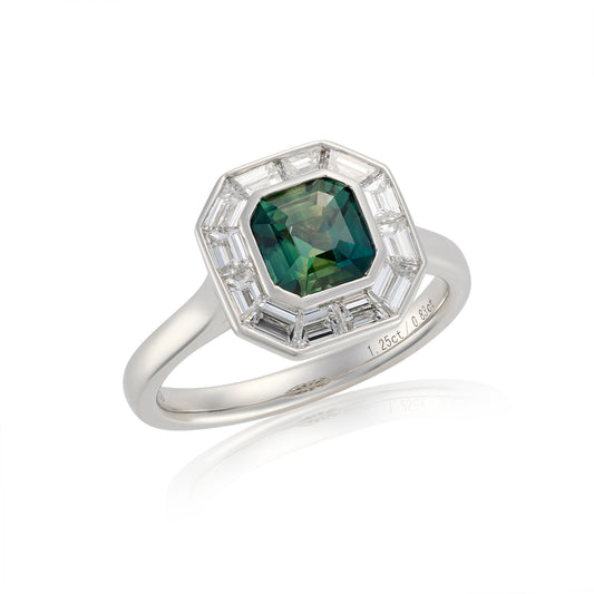 Art Deco Green Sapphire & Diamond Ring, Platinum