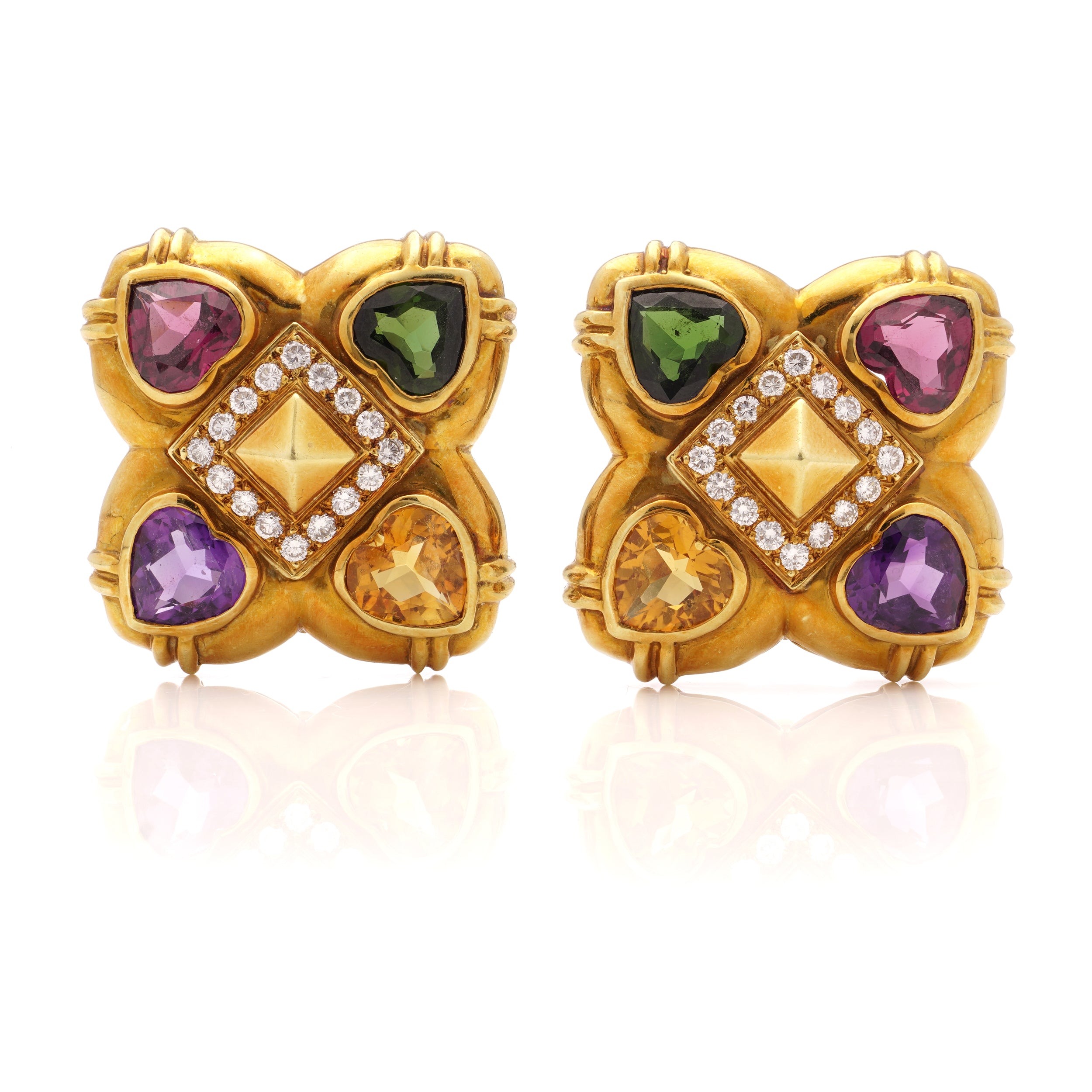 1980's 18ct Gold, Diamond & Multi Gemstone Earrings - Wildsmith Jewellery