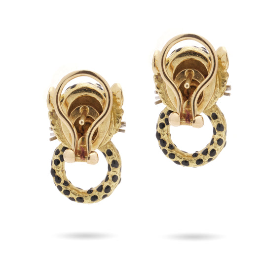 18ct Gold Ruby, Diamond & Enamel Panther 'Door Knocker' Earrings - Wildsmith Jewellery