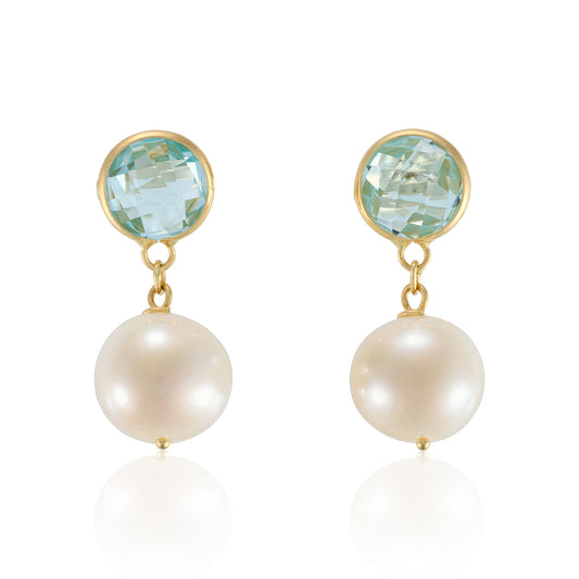 Blue Topaz & Akoya Pearl Drop Earrings