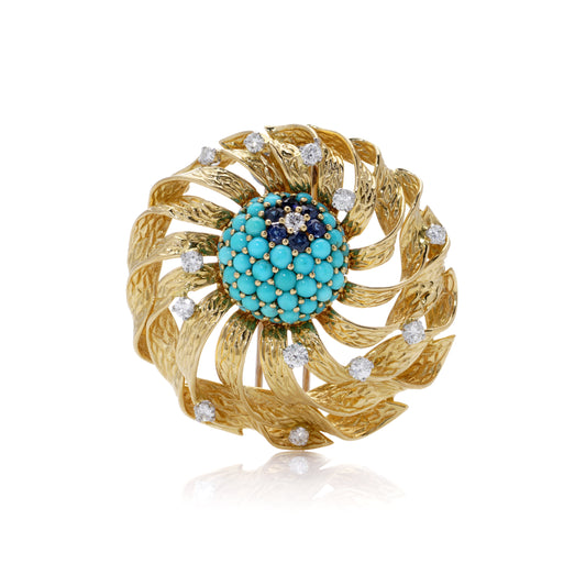 1966 Turquoise, Sapphire & Diamond Brooch by Kutchinsky - Wildsmith Jewellery