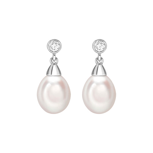 18ct White Gold Freshwater Pearl & Diamond Drop Earrings - Wildsmith Jewellery