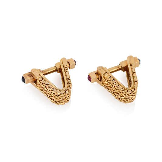 1940's 18ct Gold, Ruby & Sapphire Knitted Gold Cufflinks - Wildsmith Jewellery