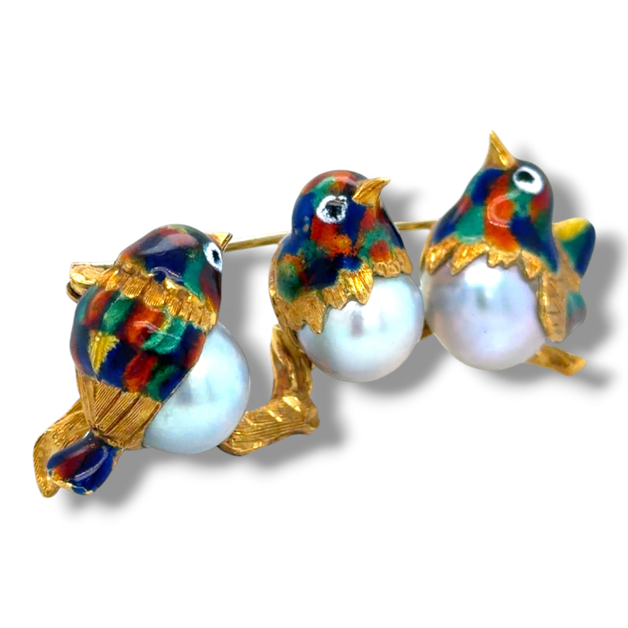 18ct Gold Pearl & Enamel Bird Brooch
