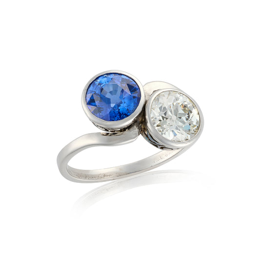 1920's Toi et Moi Old Cut Diamond & Sapphire Ring