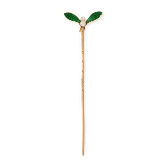 Antique Pearl & Enamel Mistletoe Stickpin