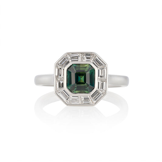 Art Deco Green Sapphire & Diamond Ring, Platinum