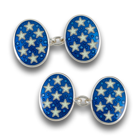 Sterling Silver Enamel Star Cufflinks in Blue and White - Wildsmith Jewellery
