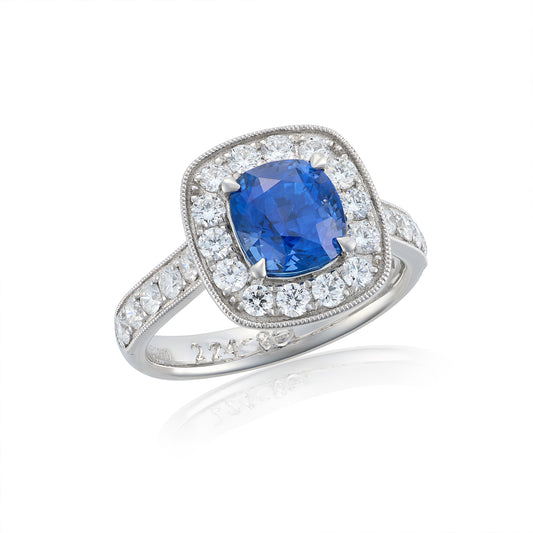 2.24ct Cussion Cut Sapphire & Diamond Cluster Ring - Wildsmith Jewellery