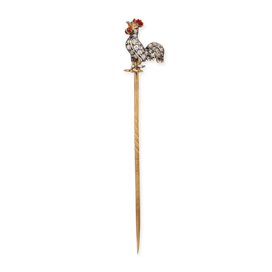 Edwardian 15ct Gold Diamond & Enamel Cockerel Stickpin - Wildsmith Jewellery