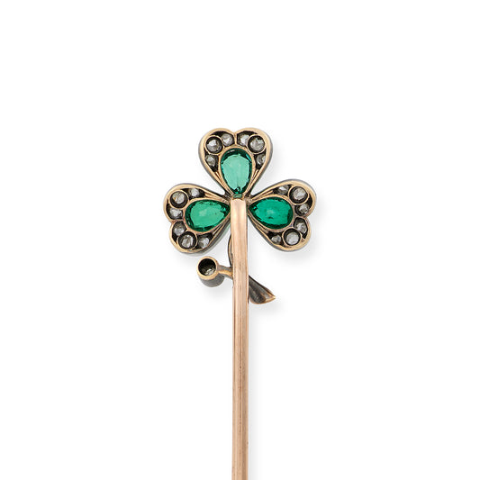 Antique Emerald & Diamond Three Leaf Clover Stickpin, French - Wildsmith Jewellery