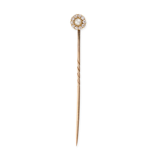 Antique Natural Pearl & Diamond Stickpin