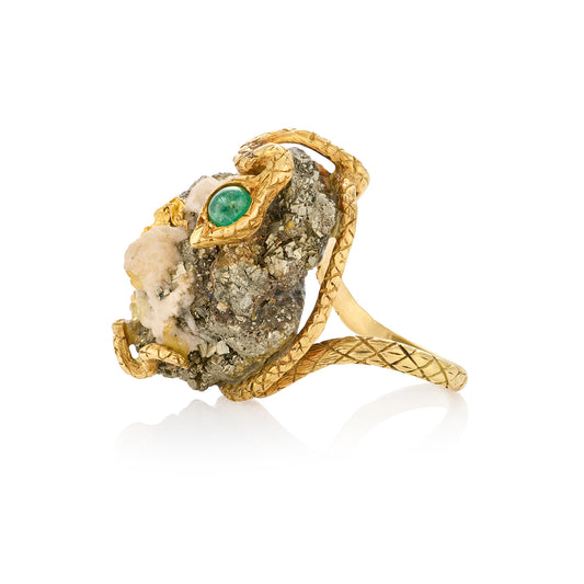 Emerald, Pyrite Snake Nest Ring, French
