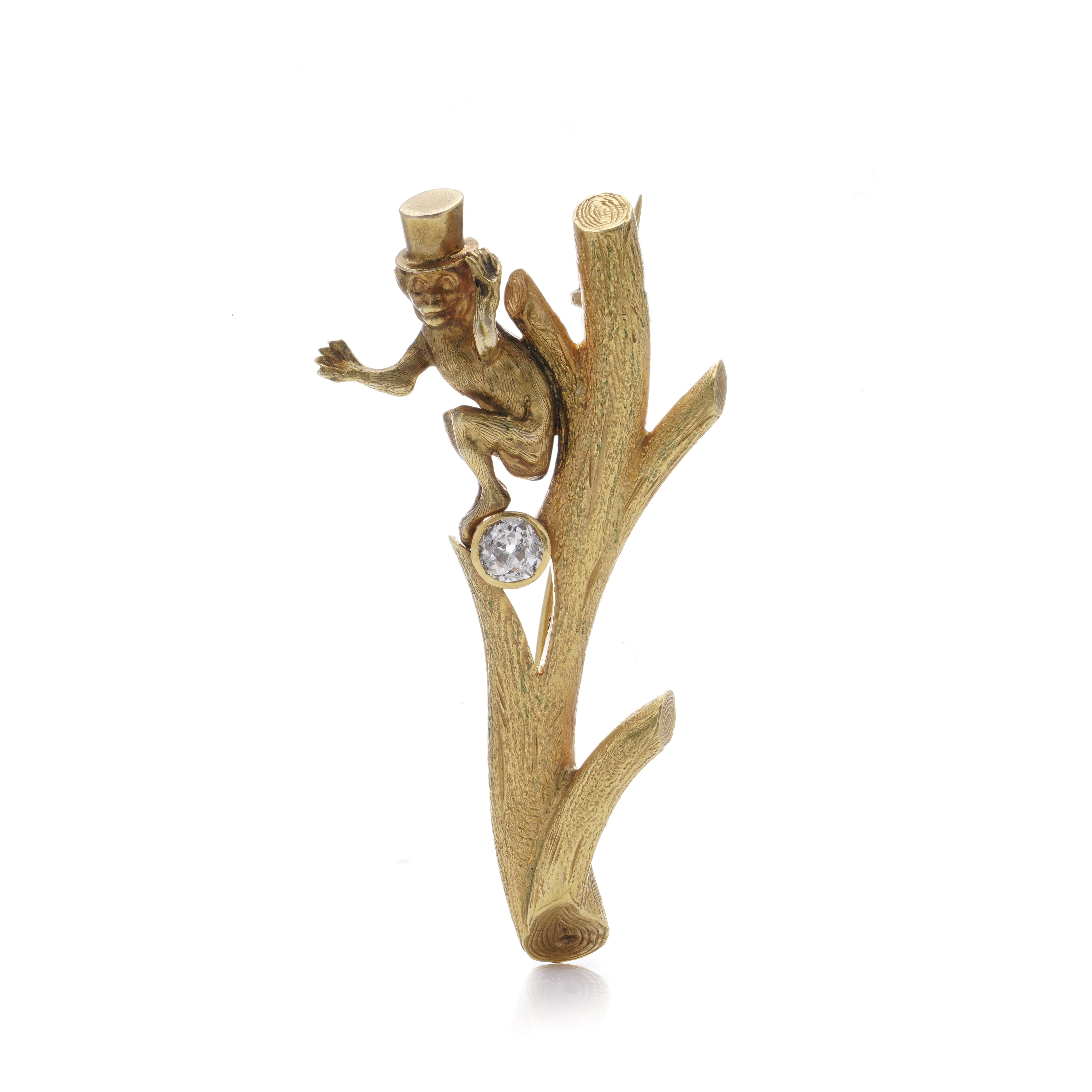 Victorian 15ct Yellow Gold & Diamond Monkey with Top Hat Brooch