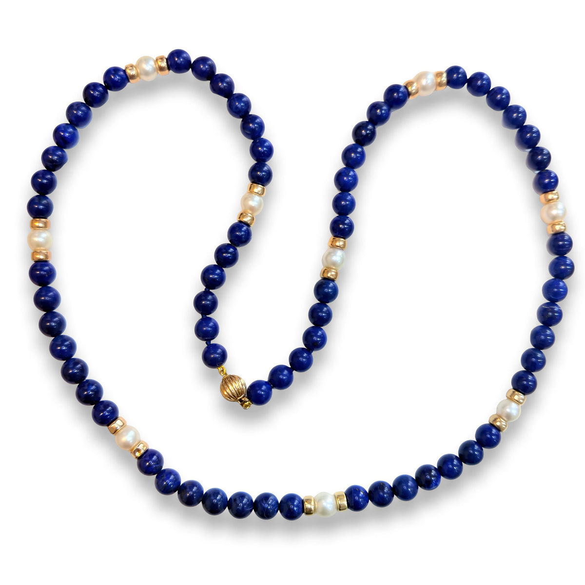 Vintage Lapis Lazuli, Pearl & 9ct Gold Bead Necklace