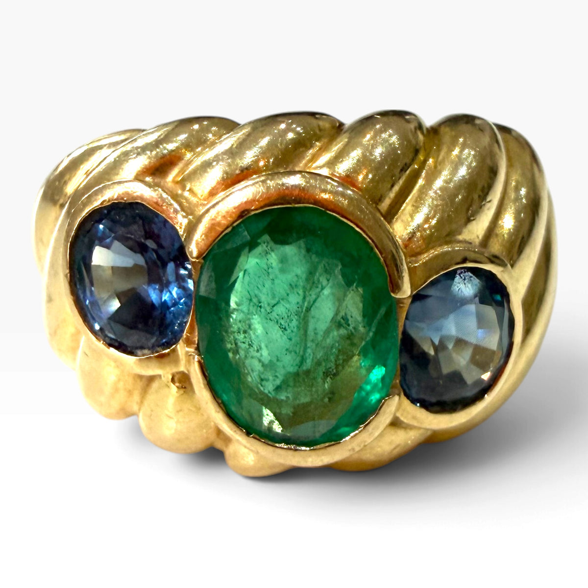 Vintage Emerald & Sapphire Chunky 18ct Gold Ring - Wildsmith Jewellery