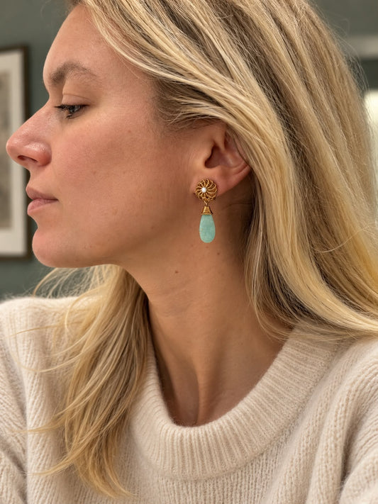 Vintage Amazonite, Gold & Diamond Earrings, French - Wildsmith Jewellery