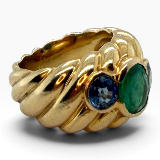 Vintage Emerald & Sapphire Chunky 18ct Gold Ring