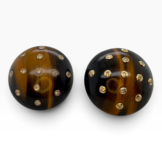 1970s Tiger’s Eye & Diamond Dome Earrings