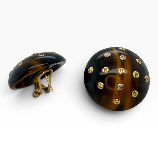 1970s Tiger’s Eye & Diamond Dome Earrings