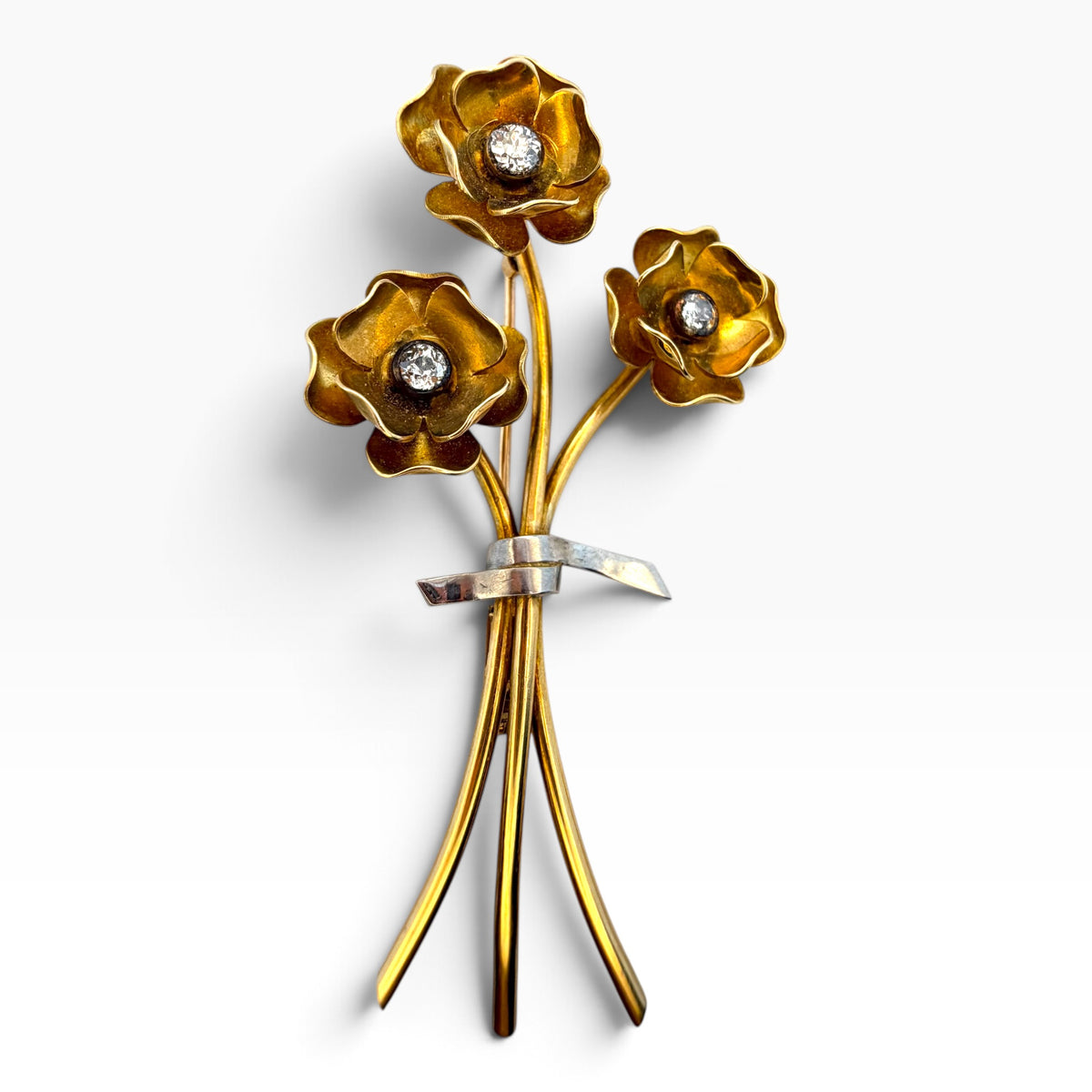 Antique 18ct Gold & Diamond Buttercup Brooch & Earrings Demi-Parure