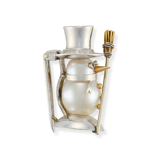 Vintage Platinum & Pearl Snowman Brooch - Wildsmith Jewellery