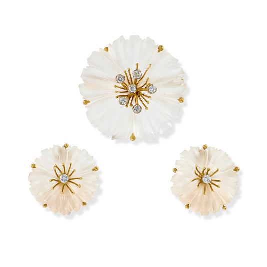 Rock Crystal, 18ct Gold & Diamond, Earring and Brooch Set - Wildsmith Jewellery